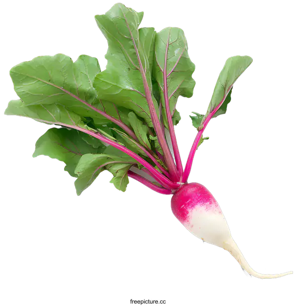 [Transparent Background PNG]Fresh Pink and White Radish with Green Leaves on White Background