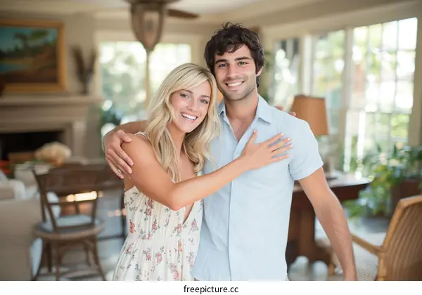 A young couple is smiling and hugging in a living room.