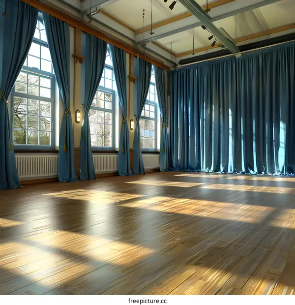 Large Empty Room with Blue Curtains and Wood Floor