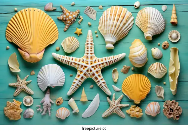 A Plethora of Seashells and Starfish Adorn a Weathered Wooden Surface