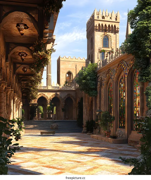 Medieval Castle Courtyard With Stained Glass Windows