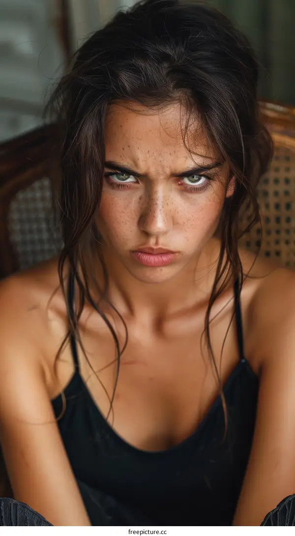 Portrait of a Young Woman with Angry Expression