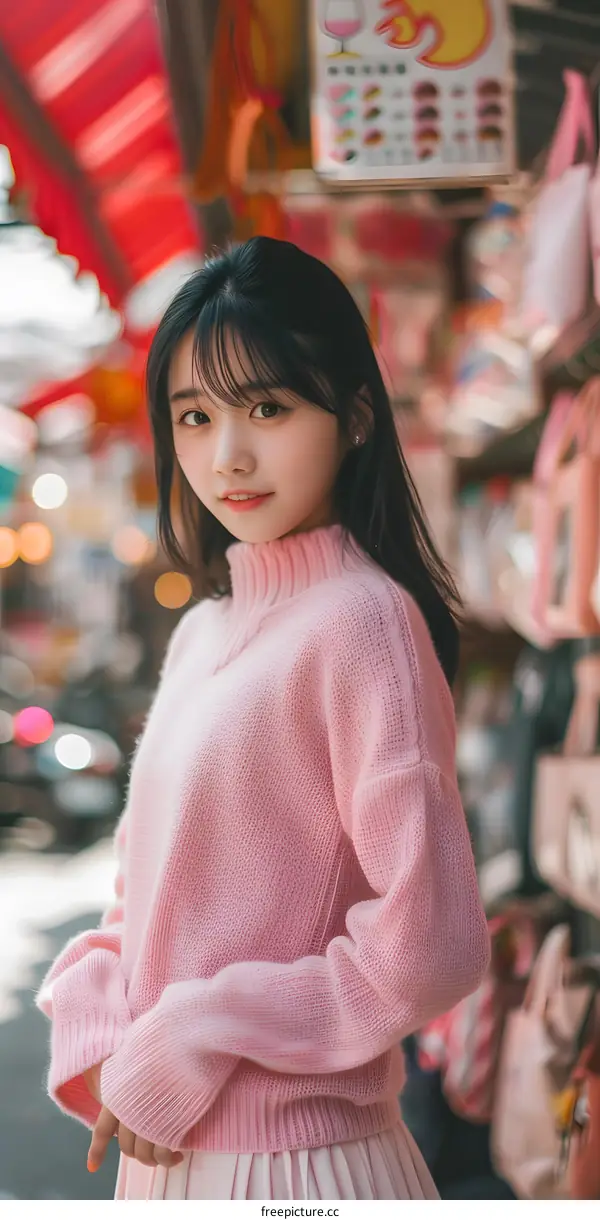 Portrait of Young Asian Woman in Pink Sweater