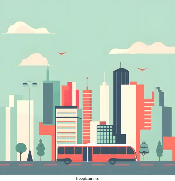 Modern City Skyline with Bus and Clouds Illustration