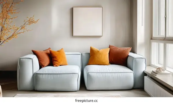 Modern Light Blue Sectional Sofa with Cushions