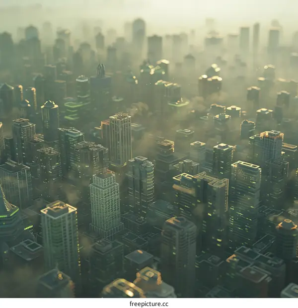 An aerial view of a city with many skyscrapers