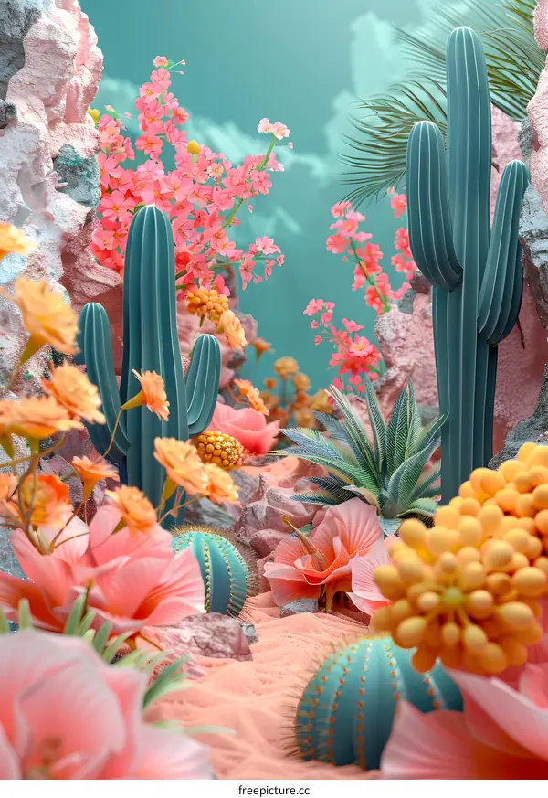 Pink cactus and flowers