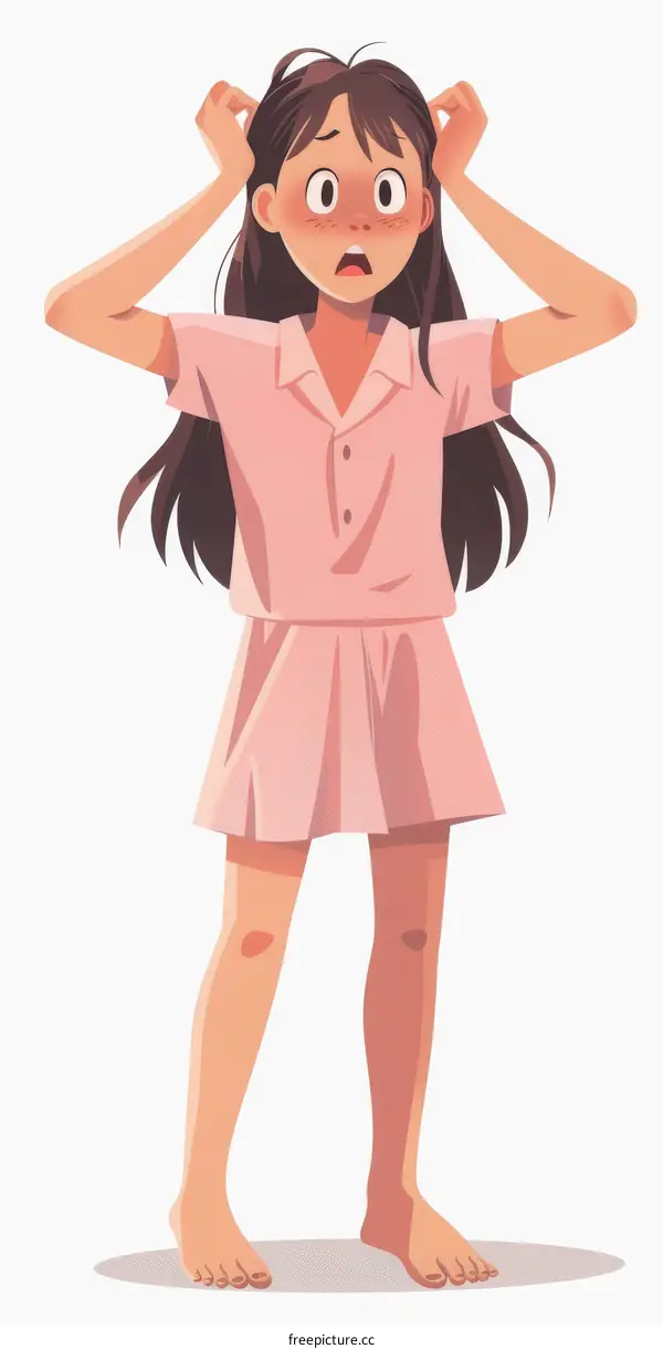 An illustration of a girl in pink pajamas pulling her hair