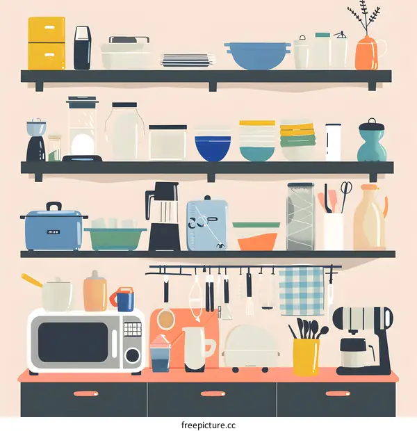 Kitchen Illustration with Various Kitchenware and Appliances