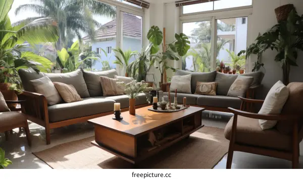 A bright and airy living room with a large windows and lots of plants