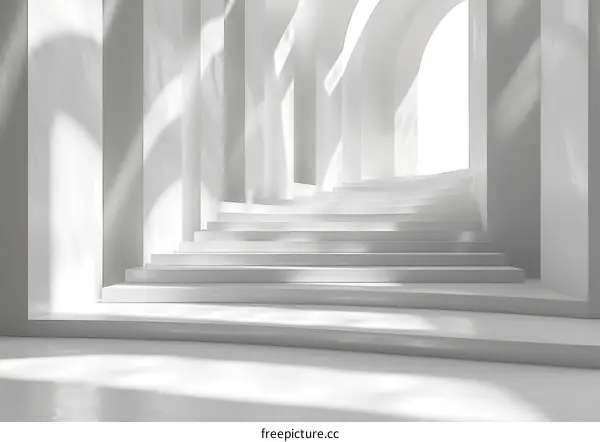 White minimalist architectural structure with arched openings and a curved staircase