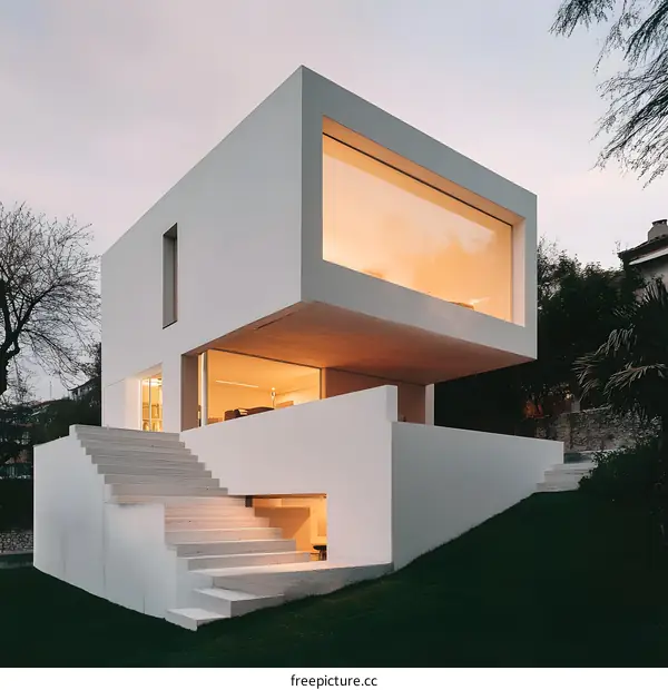 Modern Minimalist White House with Large Windows and Concrete Steps