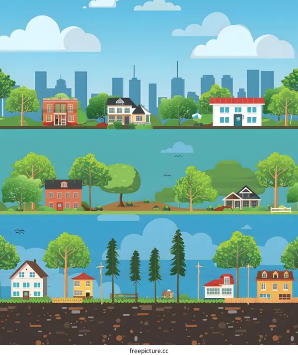 Cityscape with Houses and Trees