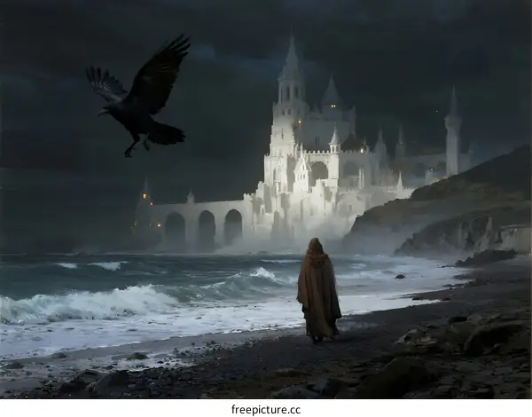 Mysterious Castle by Stormy Beach with Flying Raven