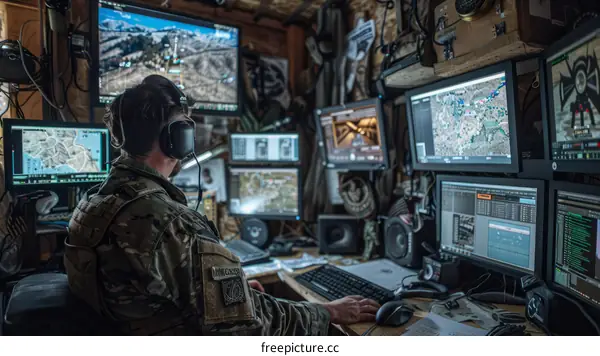 Soldier works at a computer workstation.