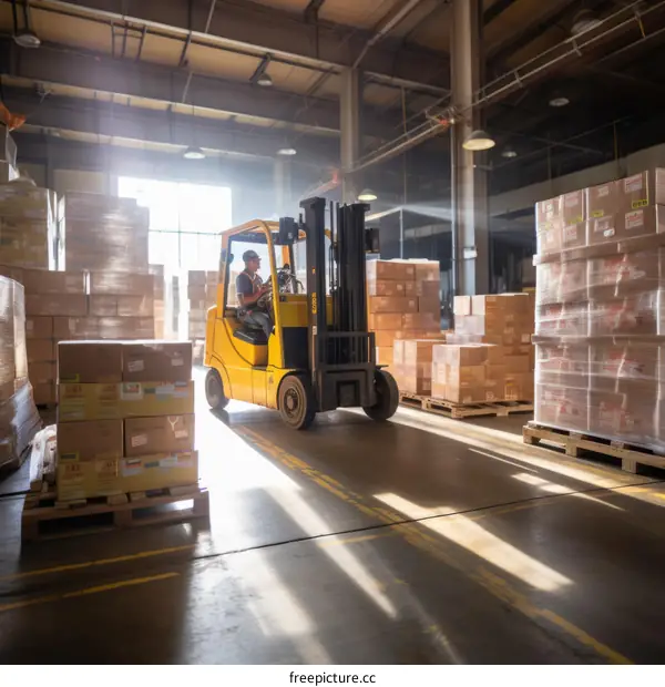 A forklift driver operates a forklift in a warehouse full of boxes.