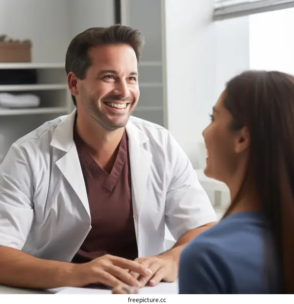 Smiling male doctor talking to female patient in his office