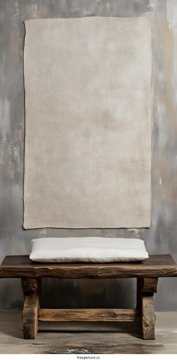 Rustic Wooden Bench with Linen Cushion Against a Concrete Wall