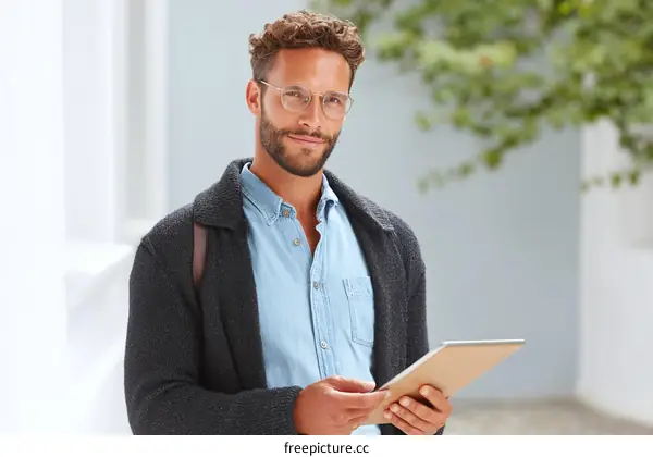 Stylish Caucasian Man Using Digital Tablet Outdoors