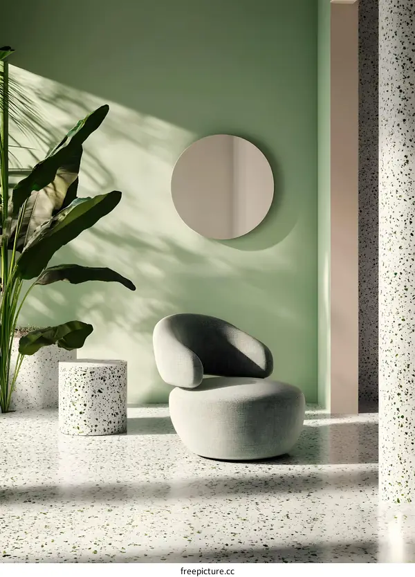 Modern Green Interior Design with Chair, Mirror and Plants
