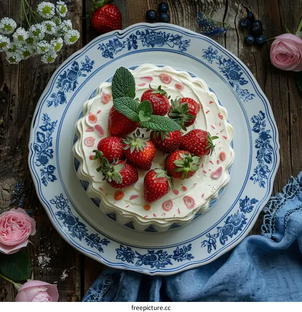 A cake decorated with strawberries, blueberries, and mint leaves sits on a table.