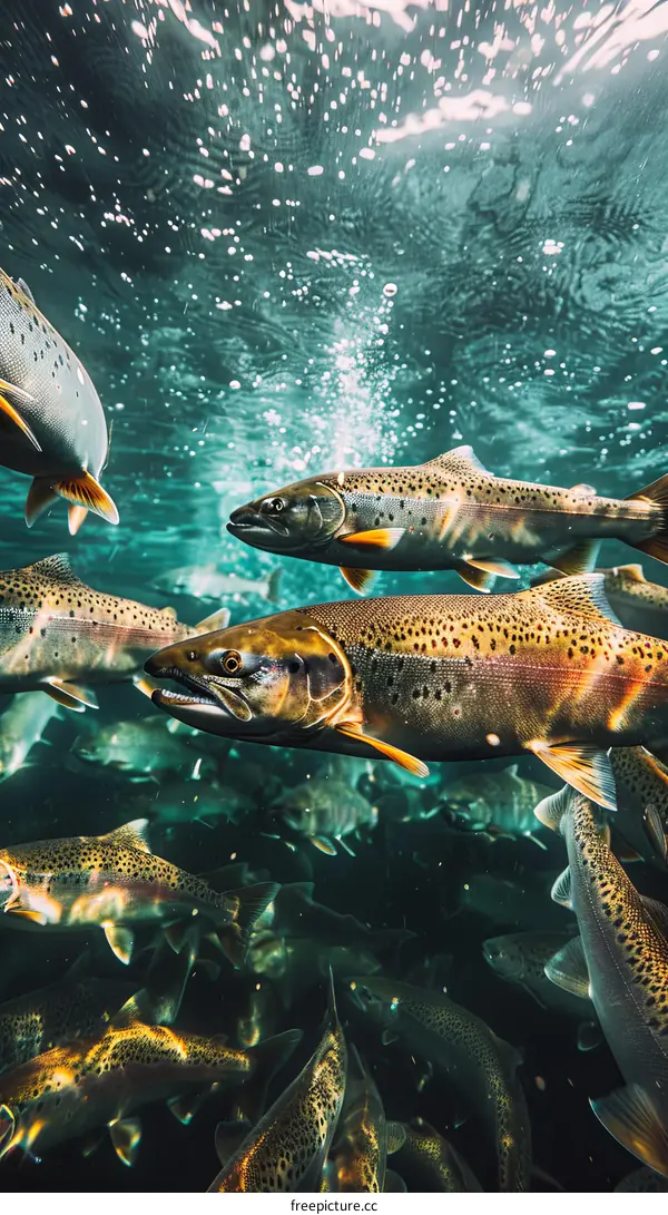 A school of fish swim in a river