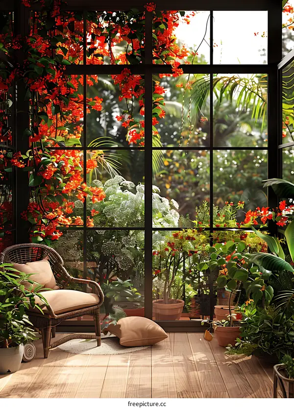 Wicker Chair Near a Window with a View of Tropical Plants
