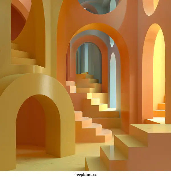 Abstract Minimalist 3D Illustration Of Yellow and Orange Arched Structure With Staircase