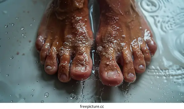 A close-up of a person's wet feet in a bathtub
