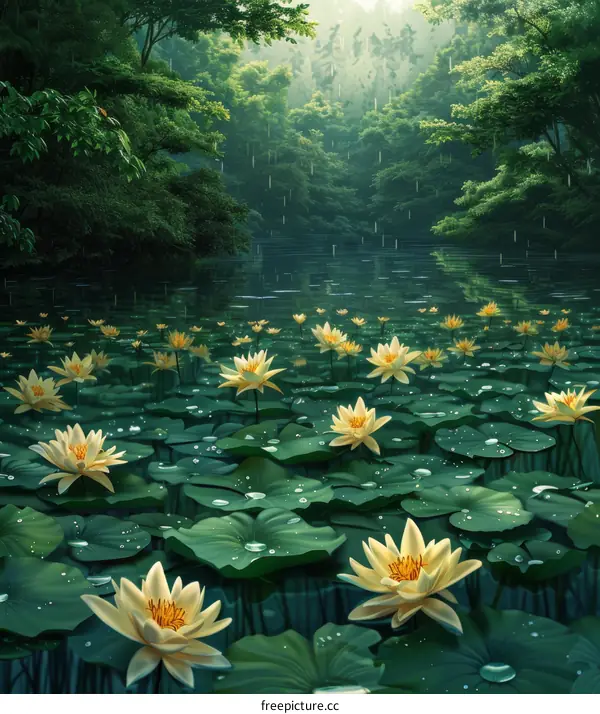 Rainy Day Serenity: Yellow Flowers in a Pond