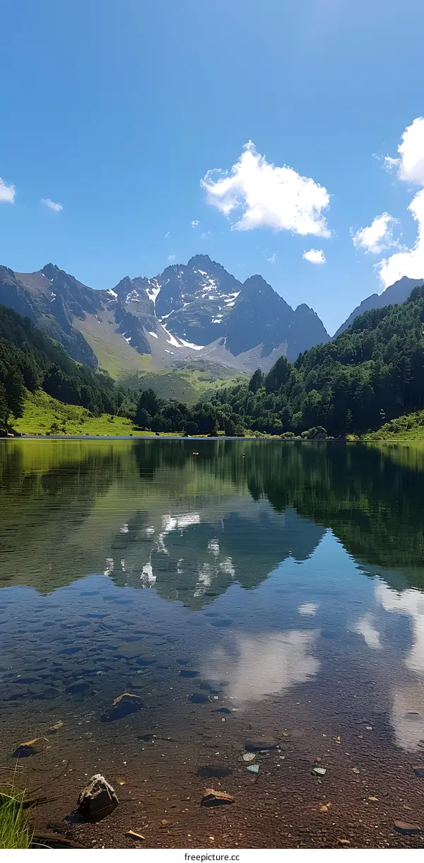 Mountain lake in a valley with green trees and blue sky