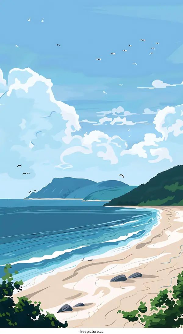 Summer Beach Scene Illustration with Mountains and Seagulls