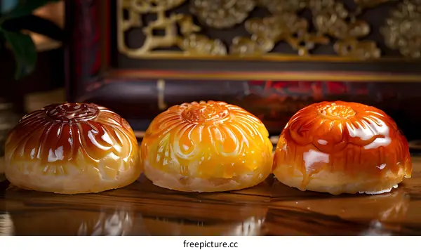 Close up of three traditional mooncakes with a carved flower design on a wooden surface