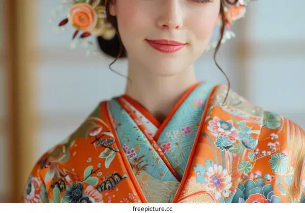 Close Up of a Woman Wearing a Traditional Japanese Kimono with Floral Pattern