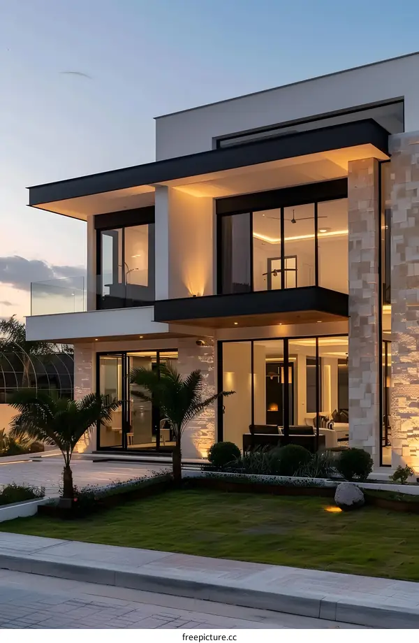 Modern Luxury Home with Stone Facade and Lush Landscaping