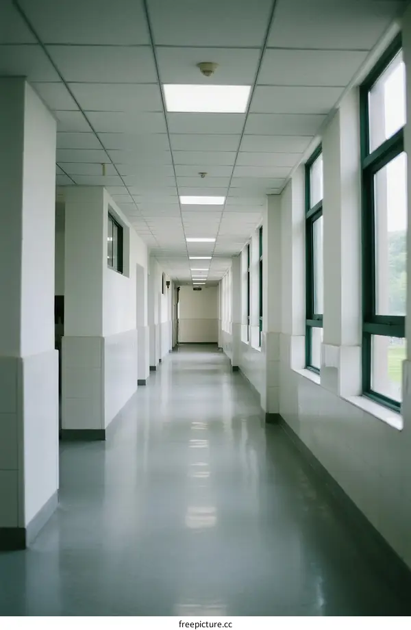 Long corridor with white walls and ceiling lights in building