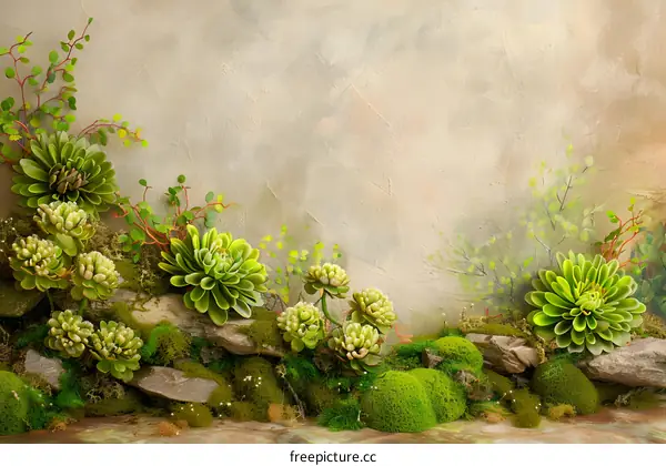 Green Succulents On Rocks And Moss Background