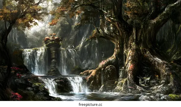 Fantasy Forest Waterfall and Ancient Ruins Illustration