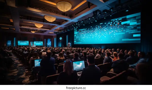 A large group of people are sitting in a conference room listening to a presentation on stage.
