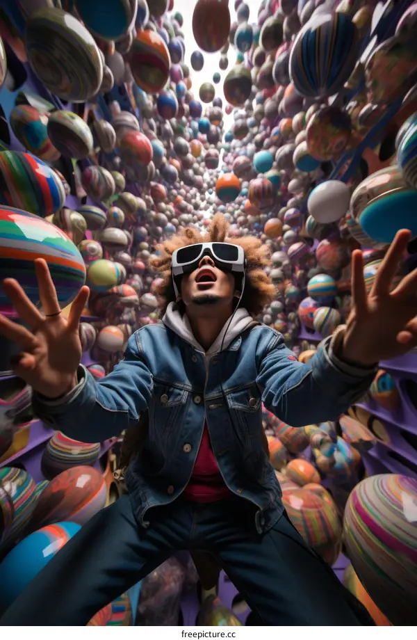 An Afro man wearing virtual reality headset surrounded by colorful balls