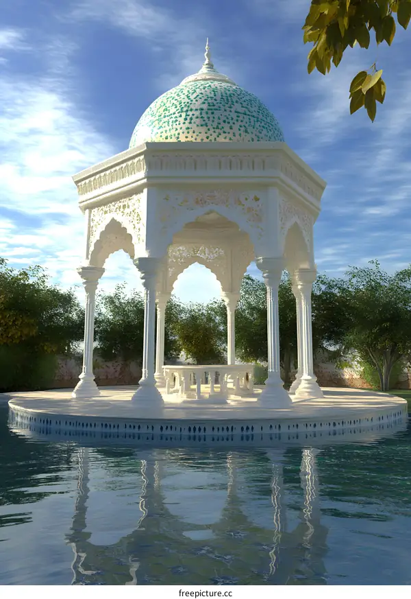 White Gazebo with Green Dome Over Water