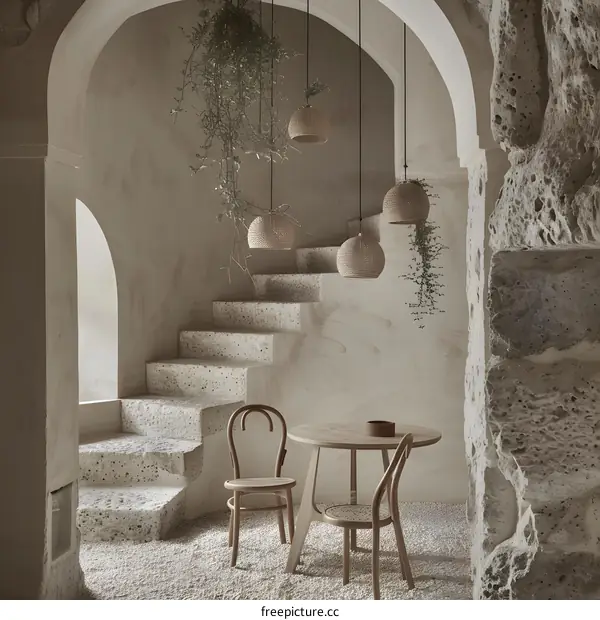 Modern Interior Design with Stone Walls and Wooden Furniture