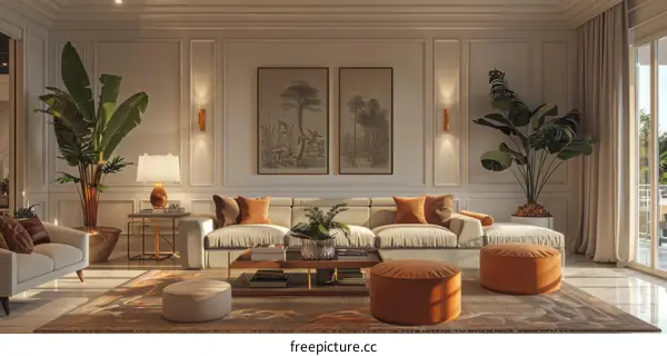Bright living room with plants and white sofa