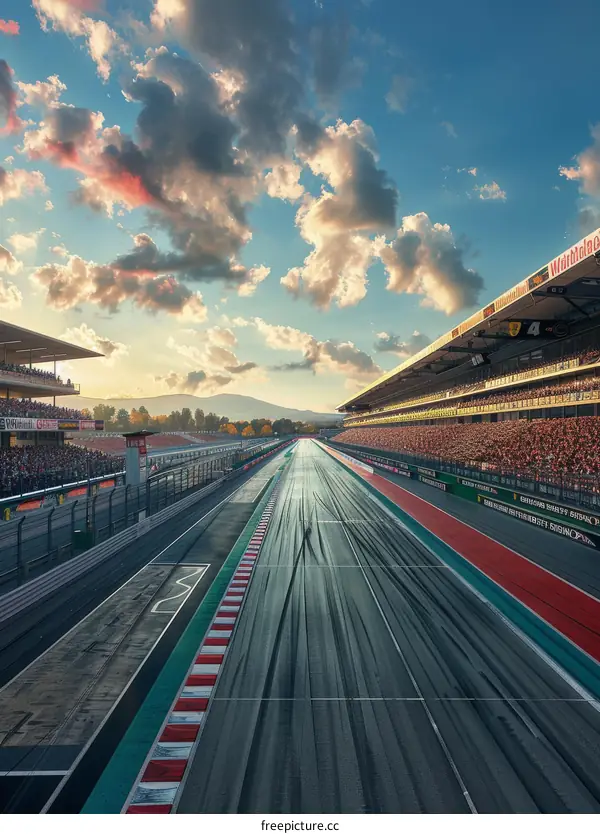 A Formula One race track with a beautiful sunset