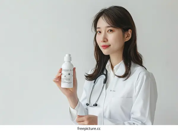 A female doctor in a white coat is holding a bottle of medicine
