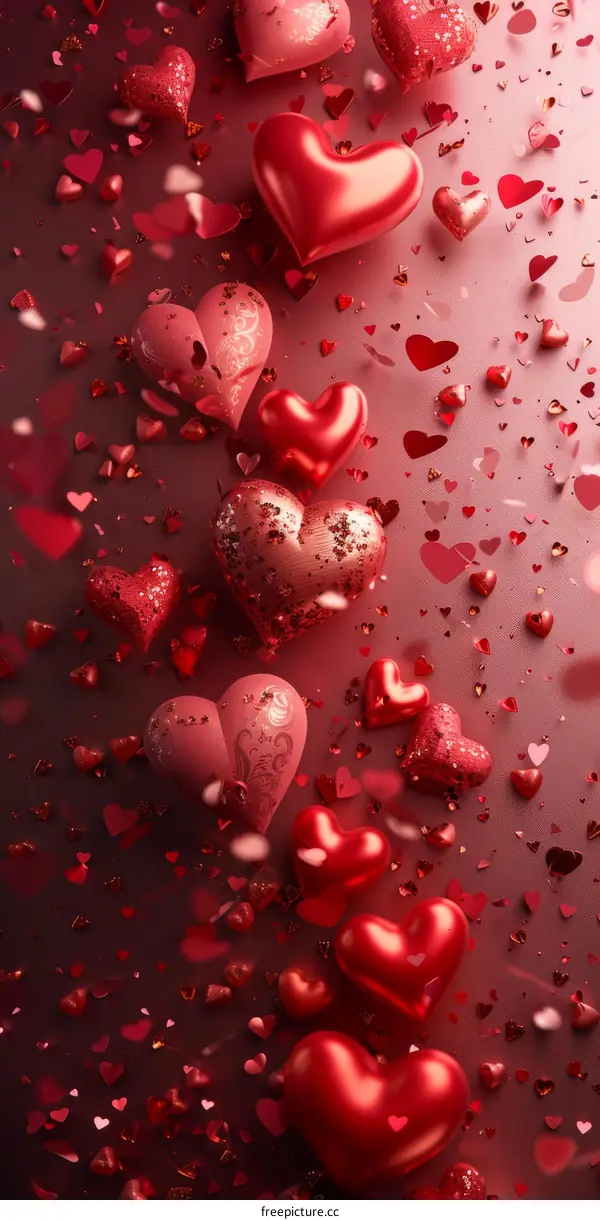 Falling Red Heart Balloons and Confetti