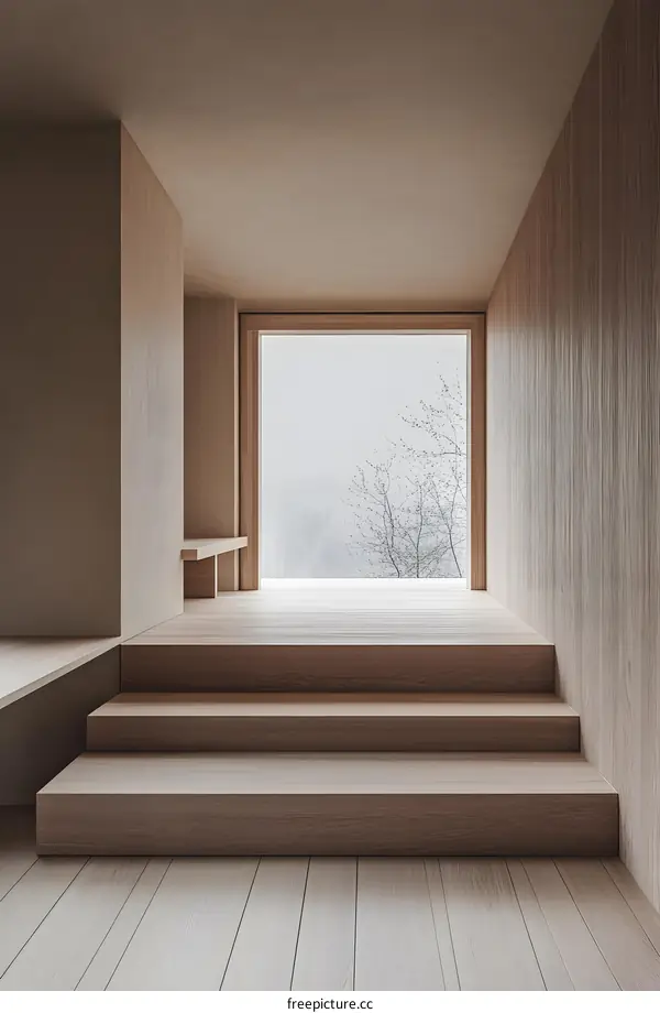 Wooden Stairs and Window with Forest View in Minimalist Interior Design