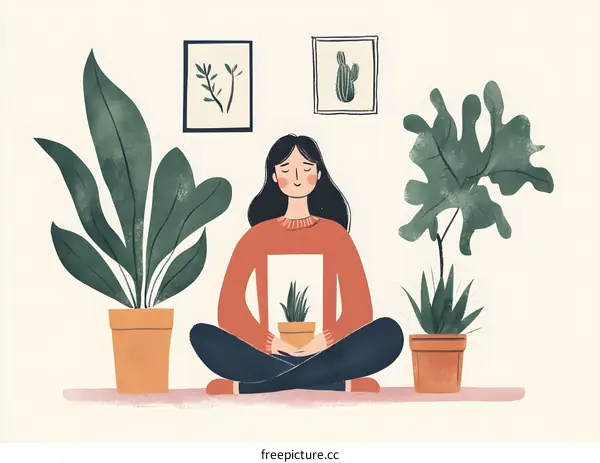 Woman Sitting Among Plants Illustration
