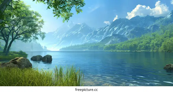 Tranquil Mountain Lake with Lush Forest and Reflections