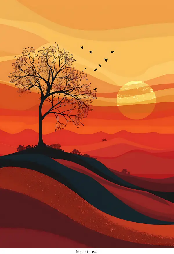 Silhouette of Tree Against Sunset Sky With Birds Flying